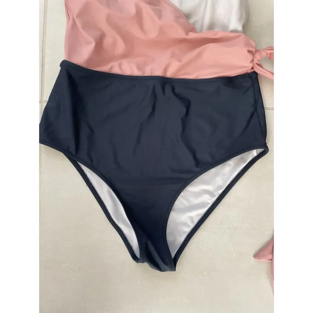 Felnart Swim One Piece Swimsuit Belted Color Block Swimwear Beach Summer